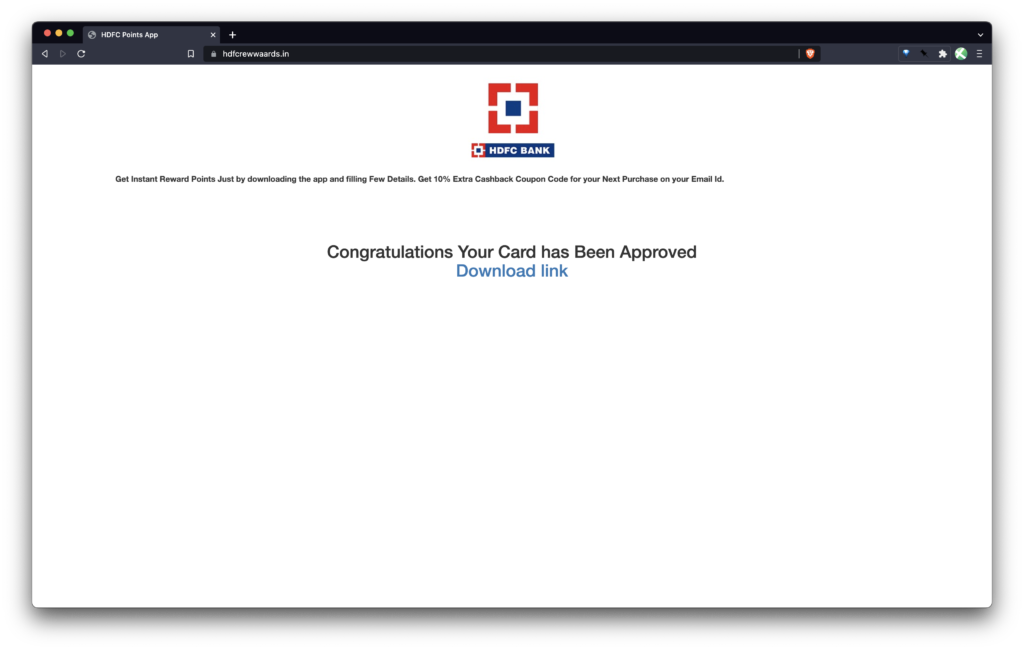 Phishing website HDFC Bank https://hdfcrewwaards[.]in