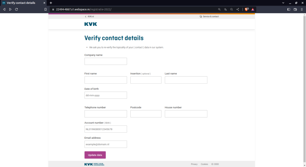 Screenshot of phishing website of Netherlands Chamber of Commerce (KVK)