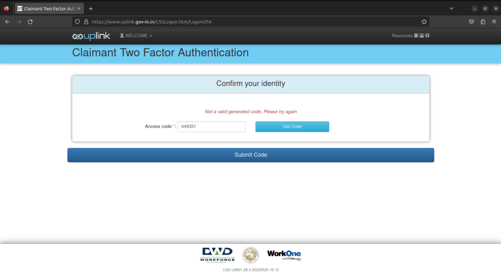 The Two-factor authentication page on www.uplink.gov-in.in does not accept false access code