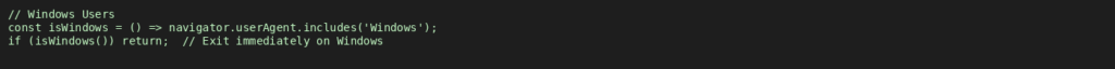 Javascript code snippet showing behavior on Windows OS